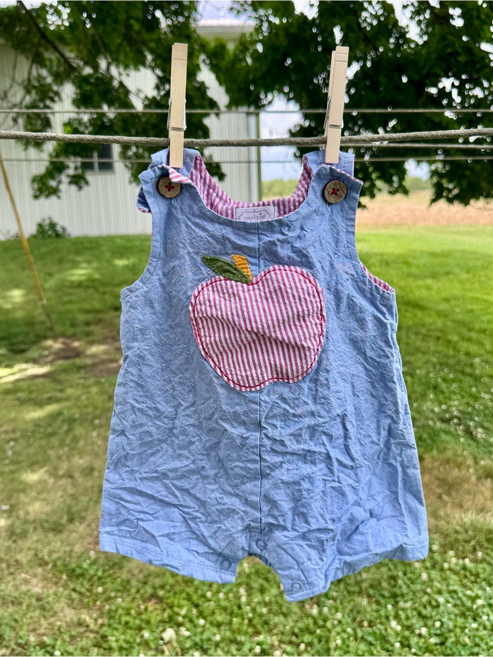 Mud Pie Apple Applique Chambray Romper 3-6M Boutique Baby Girl
